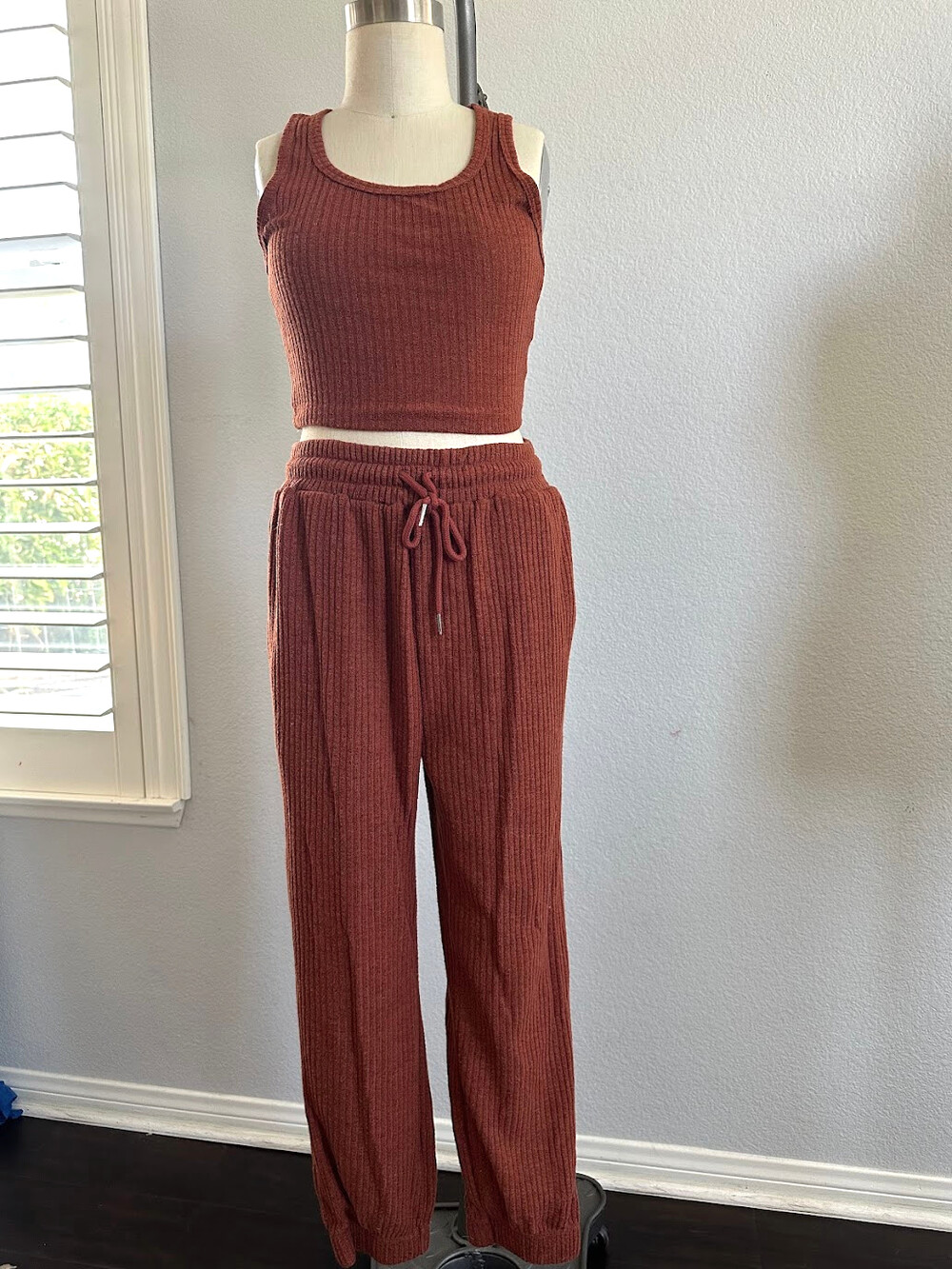 Shein Ribbed Knit Tank Top And Wide Leg Pants Set Womens XS Rust Red